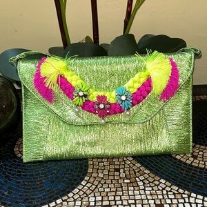 Iris Lane Green and Pink Floral Rhinestone Embellished Women's Clutch Bag